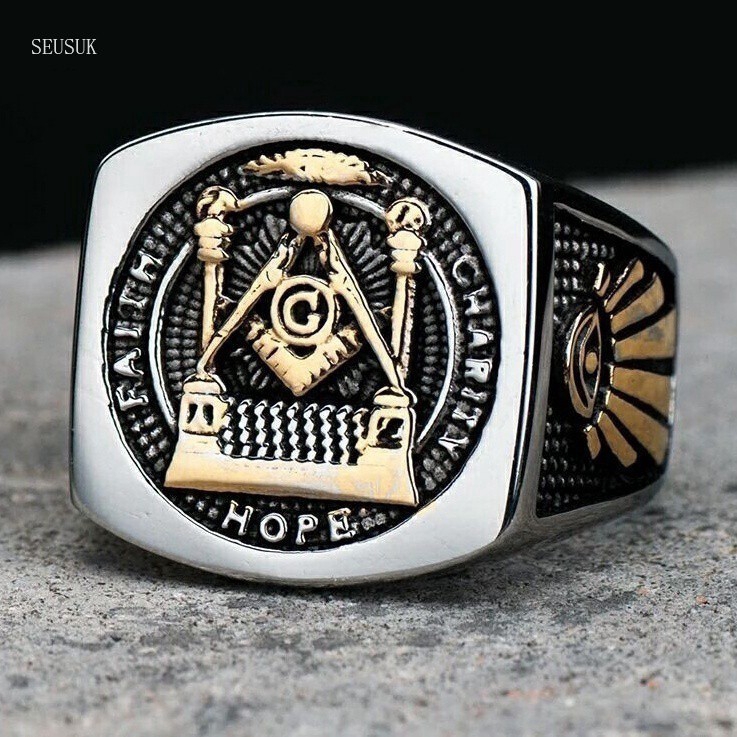 SEUSUK  Cincin Motif Mason Freemason Warna Gold / Silver Untuk Pria