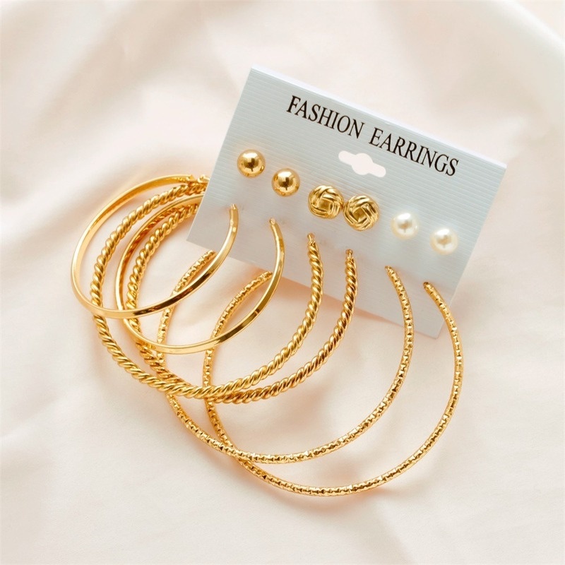 6 Pasang / Set Anting Bentuk Lingkaran Besar Model Simple Untuk Wanita