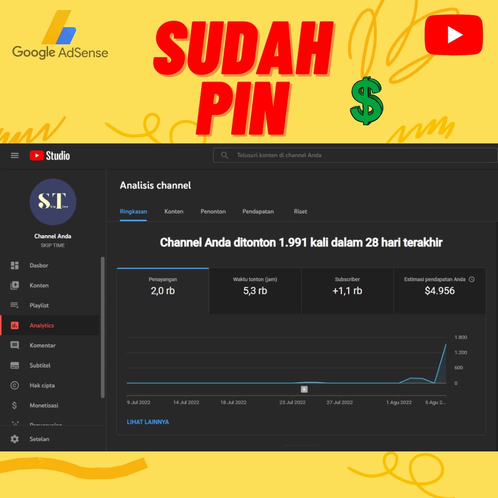 AKUN YOUTUBE MONETISASI SUDAH PIN
