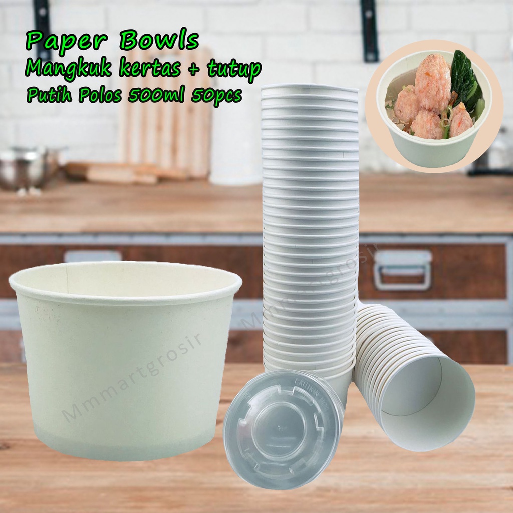 Paper Bowls / Mangkuk kertas + tutup / putih Polos 500ml/ Isi 50 pcs