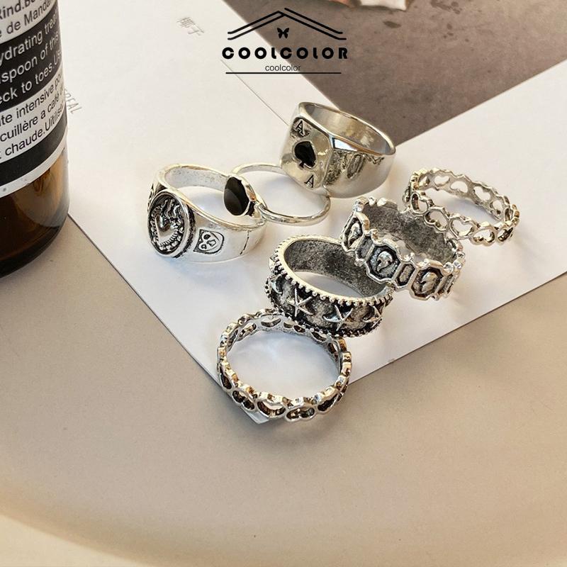 COD ♥7 Pcs Cincin Pria Retro Punk Gaya Men Finger Ring Heart Trendy Male Personality Spades A Width Punk Rock Fashion Untuk Unisex- cl