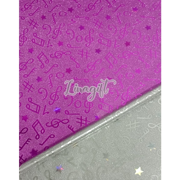 ( 3 Lembar ) PLASTIC METALLIC GLITTER MUSIC - PLASTIK KADO METALIK GLITER PASIR SHINY MENGKILAP NADA BLOK NOT TANGGA MUSIK PINK PURPLE EUSTHATIC VINTAGE CLASSIC