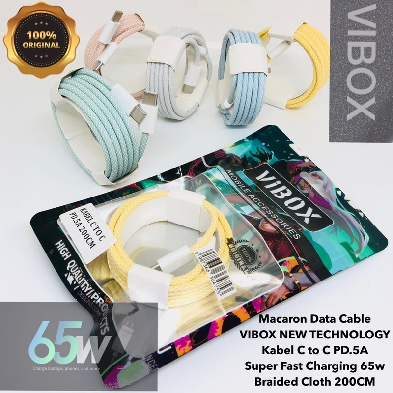 KABEL DATA MACARON 2M VIBOX KABEL C TO C PD.5A SUPER FAST CHARGING 65W