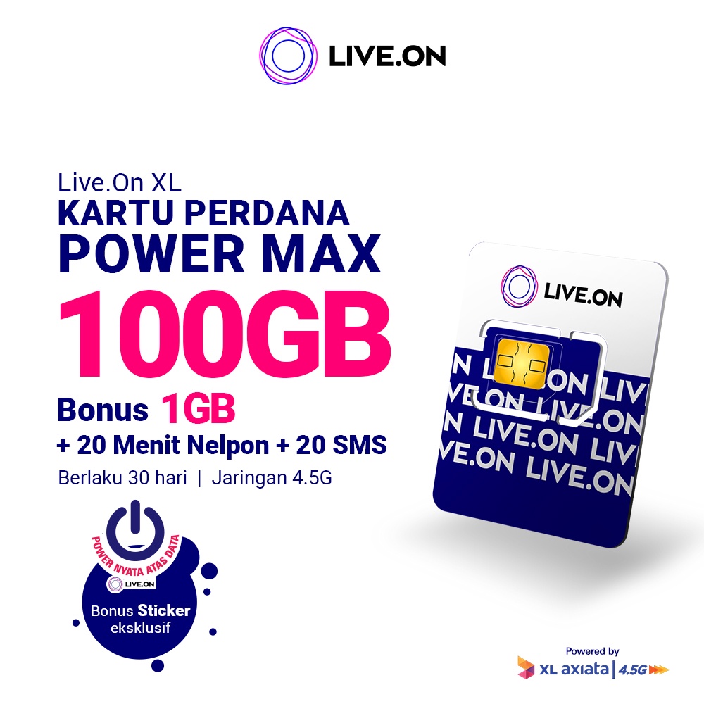 Live.On Kartu Perdana Power Max 100GB + 1GB (30 hari) 4.5G + 20 Min Nelpon + 20 SMS + Sticker A