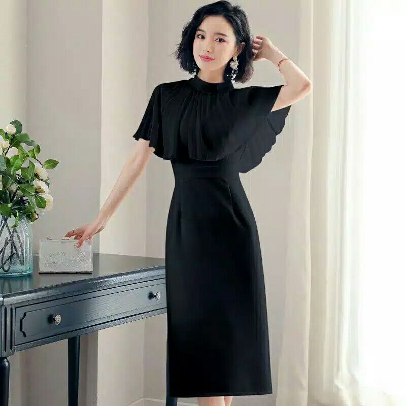 2463 Baju dress pesta gaun hitam putih wanita import baju dress gaun kondangan merah cewek import