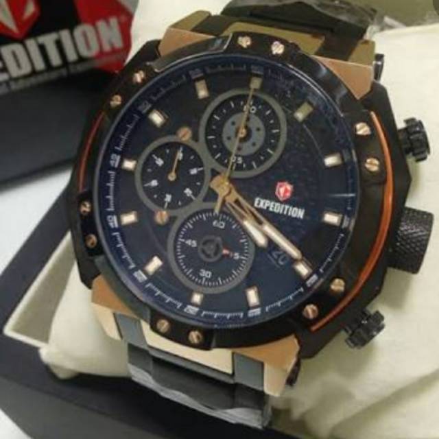 Jam tangan expedition e6385 black rose gold pria original