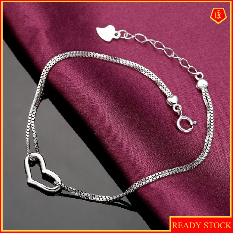 [Ready Stock]Double Line Hollow Heart Shape Silver Bracelet