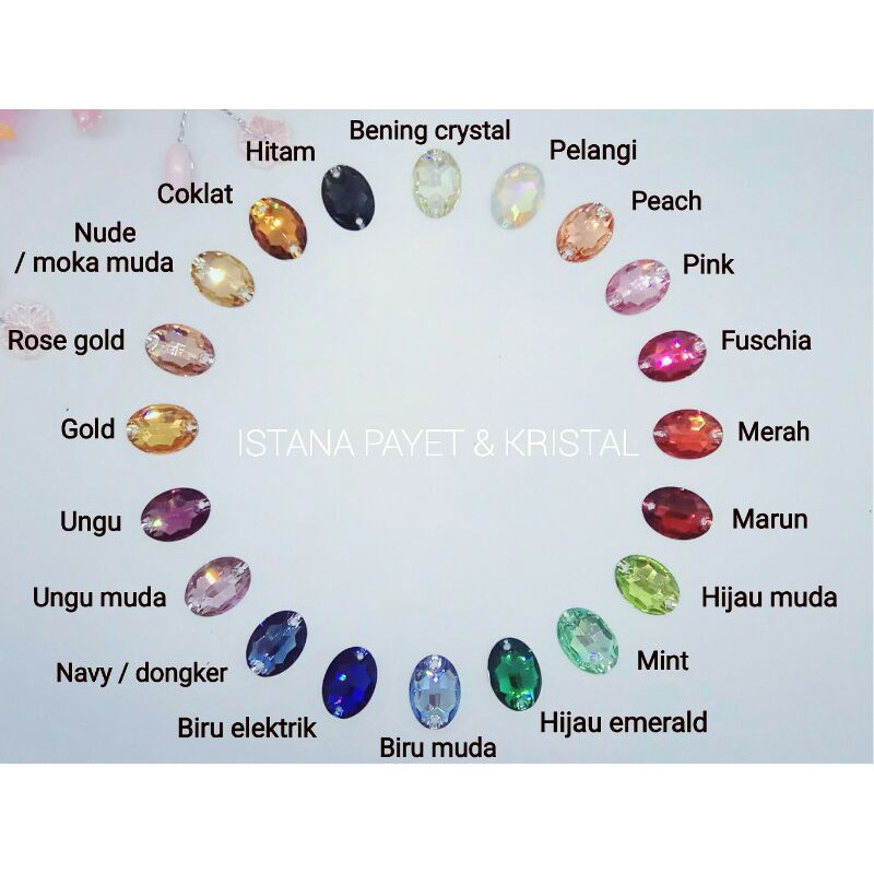 1 lusin kristal jahit resin bentuk oval kecil (7x10mm) & oval besar (11x16mm) aneka warna