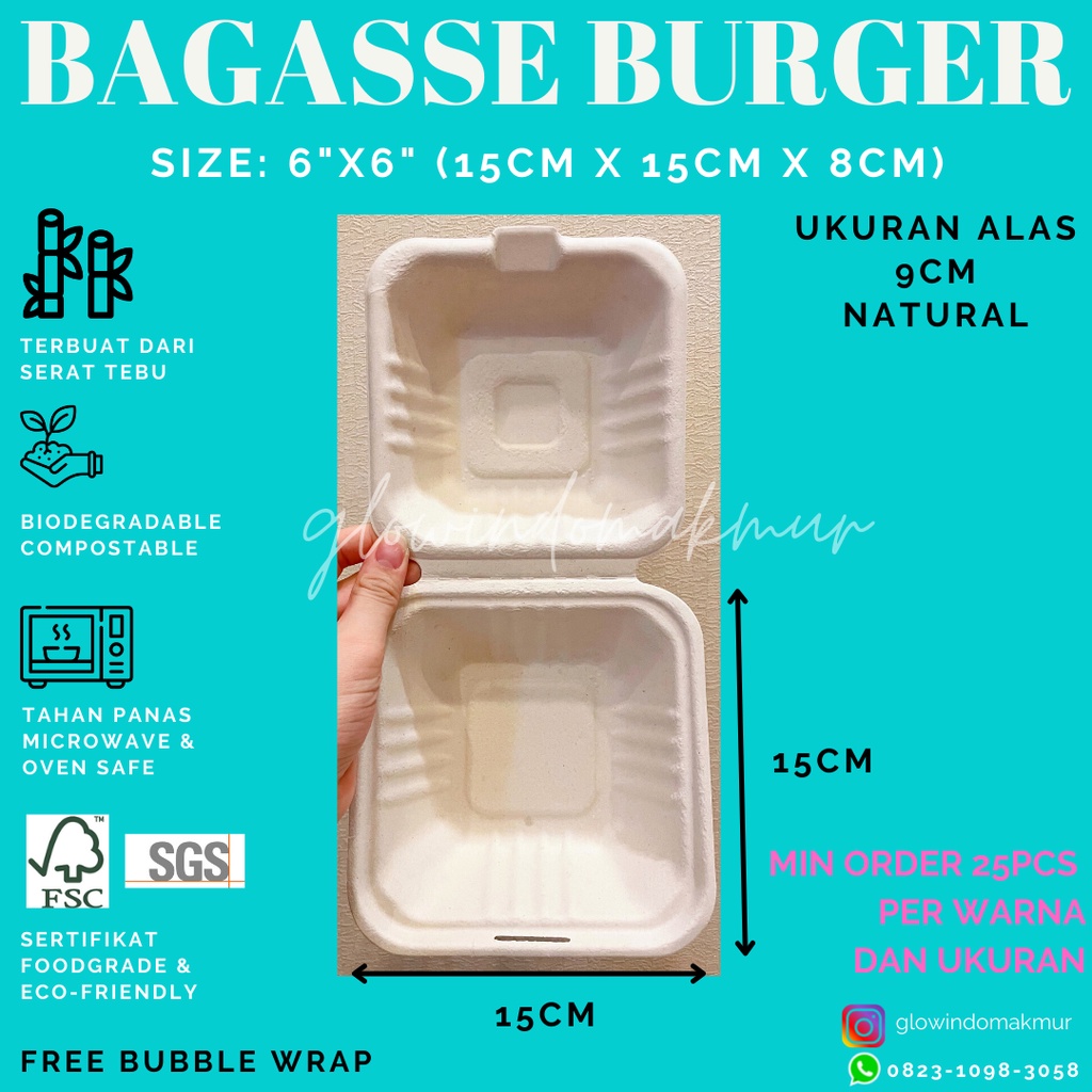 Bagasse Box Bento Cake Burger 15cm x 15cm 6inch 6&quot; Lunchbox Small Sugarcane Serat Tebu ECO FRIENDLY