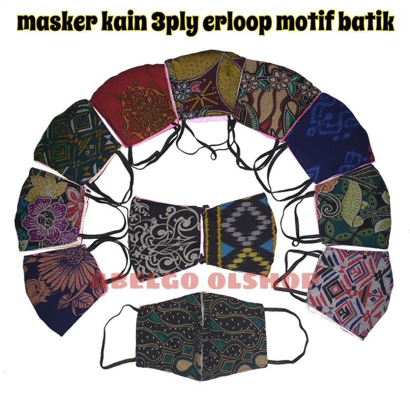 12 pcs- masker kain 3 lapis earloop motif batik tali karet/ masker kain 3ply motif batik