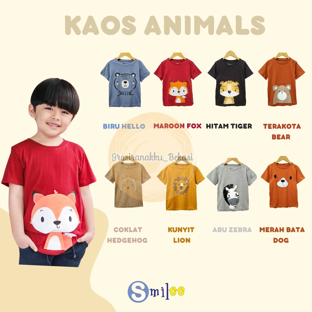 Kaos Anak Cowok Smile Murah Animals Mix Motif Size 1-5Tahun