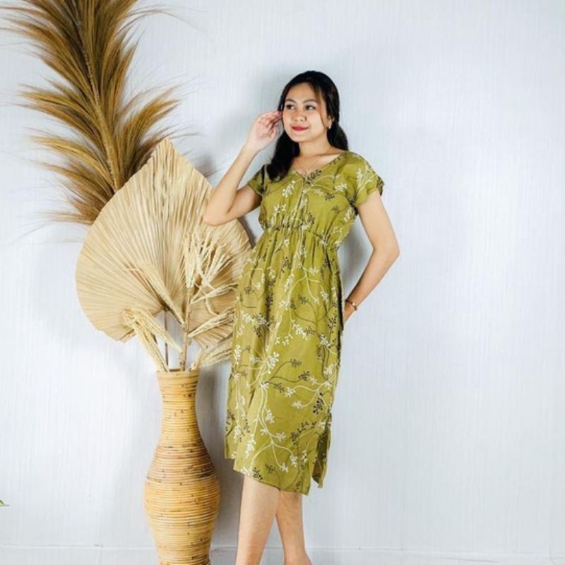 Daster Manohara Dress Manohara All Size Fit to XL Rayon Dress Bali Motif Tiedye Kopi Coffe Motif-Akar olive