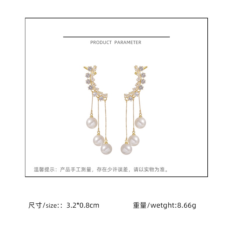 S925 Korea Mutiara rumbai anting-anting panjang anting-anting desain minimalis Wanita anting-anting