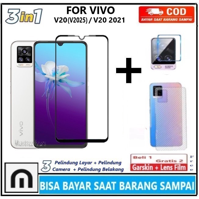 Promo Paket 3in1 Tempered Glass Vivo V20 ( V2025 ) V20 2021 Full Cover Anti Gores Kaca Full Layar Sc