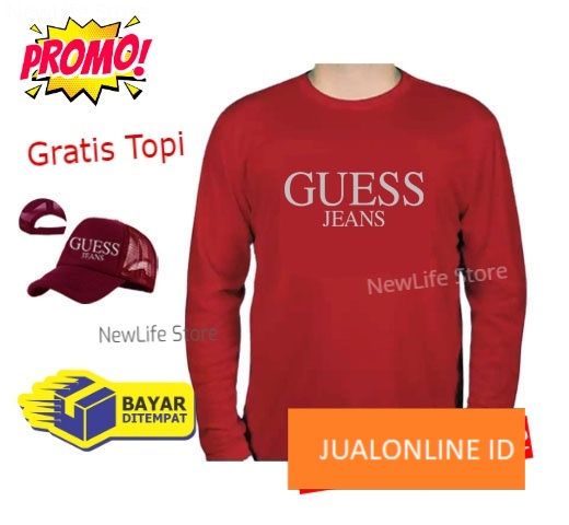 Beli Baju Gratis Topi - Kaos Distro Guess Jeans Silver  Premium Pria Wanita Lengan Panjang