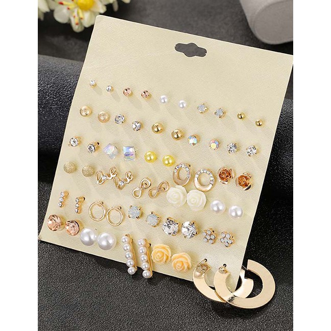 LRC Anting Set Fashion Color Flower And Diamond Geometric Round Earrings Set D81522