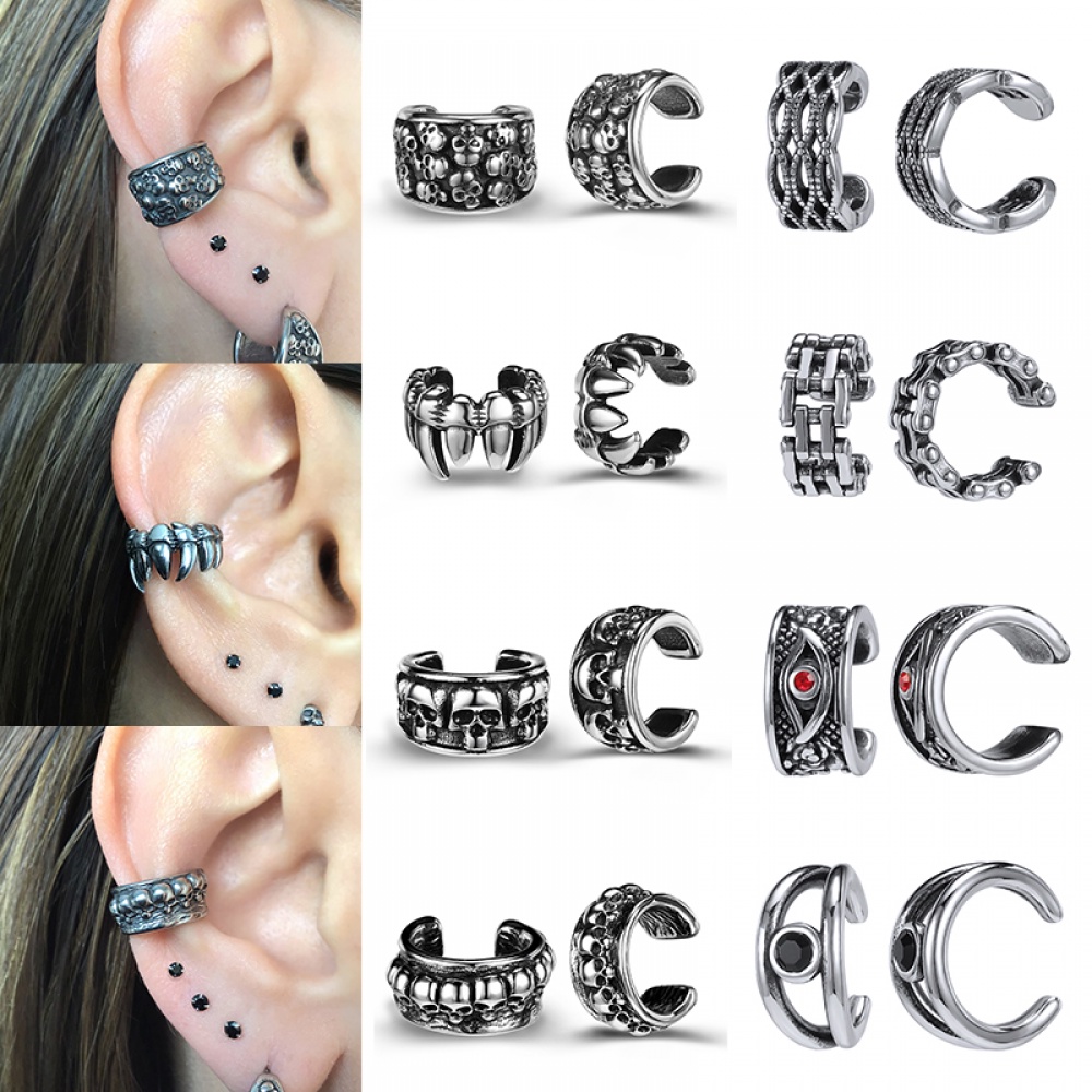 1 Pasang Anting Klip Tanpa Tindik Desain Tengkorak Laba-Laba Bahan Stainless Steel Gaya Punk