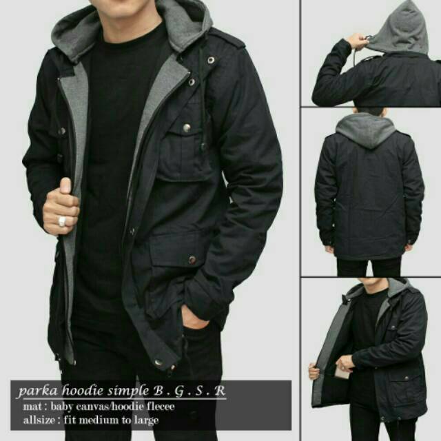 Jaket parka pria hoodie simple hitam