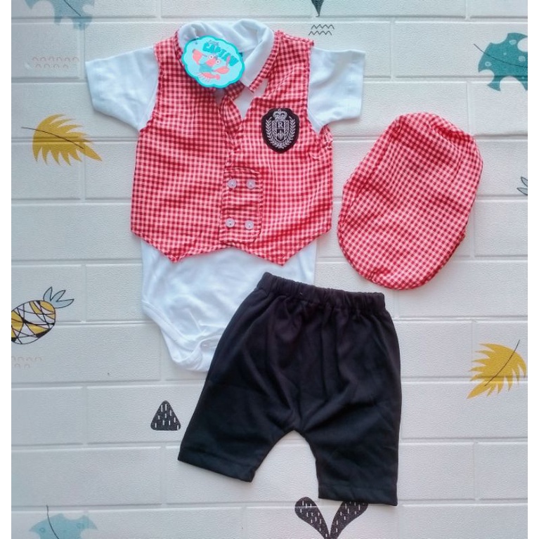 Baju bayi Newbron jumper romper Setelan kemeja laki laki cowok cwok Dasi set kotak 0 1 2 3 4 bulan-Merah