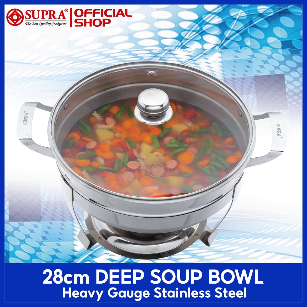 Prasmanan Bulat Supra - Tempat prasmanan bulat supra / tempat sup supra/ Supra Deep Soup Bowl 28 cm Tutup Kaca - SUPRA Panci Stainless Steel 28 Cm Deep Soup Bowl