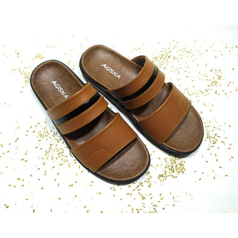 sandal kulit pria model palang 2 bahan kulit sapi asli sukaregang garut motif polet hitam