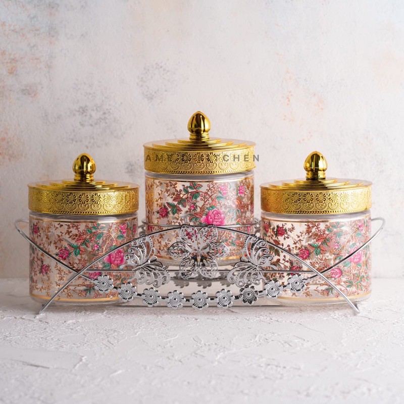 Toples lebaran set kaca isi 3 bunga pink tutup kuning + rak stenlis S 2015 cristal indo