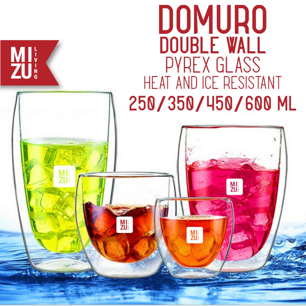 MIZU DOMURO 250ml Gelas Kaca Anti Panas + Tutup Double Wall Glass Cup + Cover Pyrex Kuat Tough