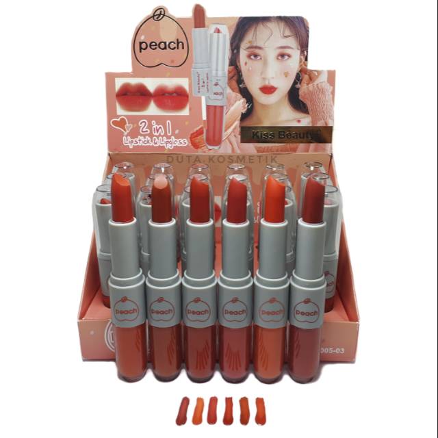 LIPSTIK &amp; LIP GLOOS KISS BEAUTY PEACH 2IN1 ( 6 warna )