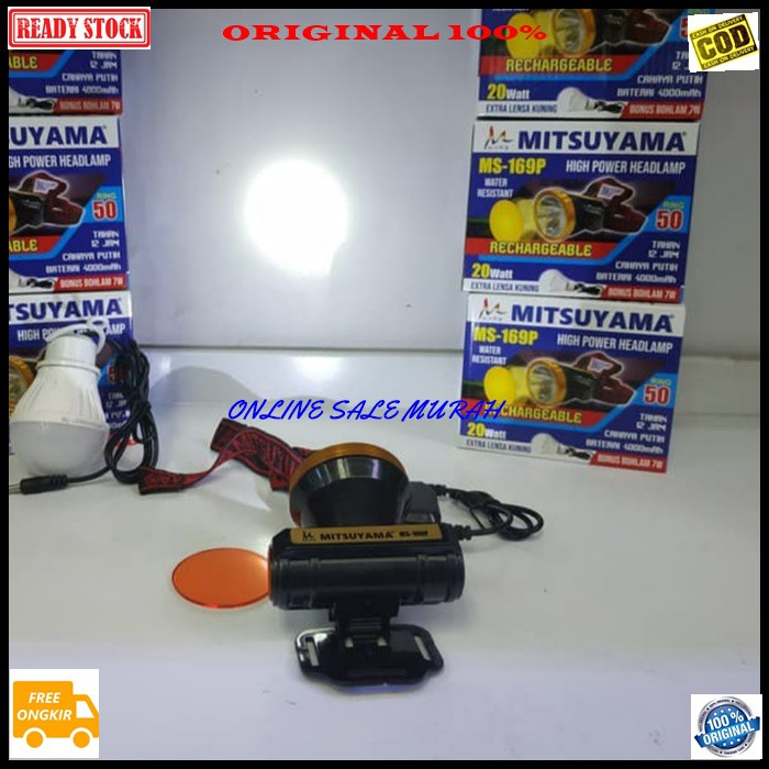 G402 Mitsuyama ORI 100% led lampu senter kepala pala cas casan headlamp head lamp baterai putih kuning led sinar cahaya terang rechargealble tahan air waterproof baterry charger multi universal original  20 WATT  TAHAN 12 JAM  BONUS LAMPU GANTUNG LED  WAR