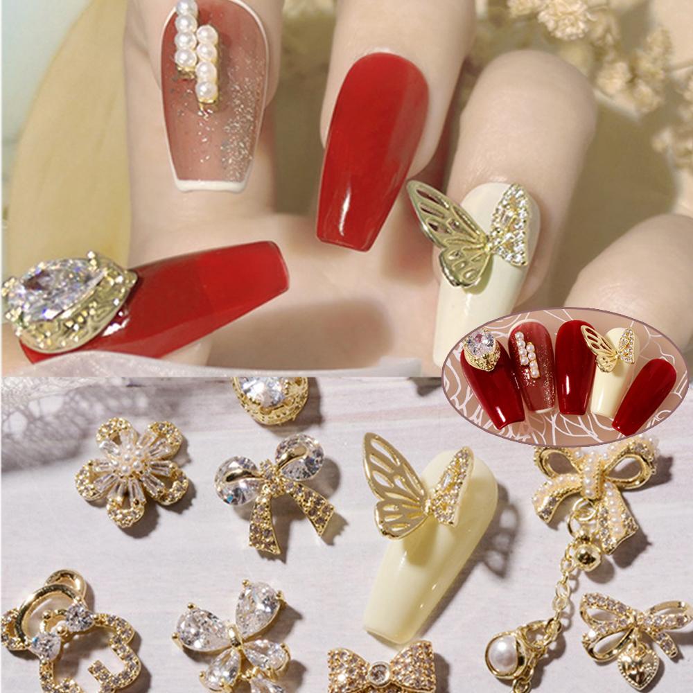 Needway Kuku Rhinestones Bunga Shiny Charms Butterfly Manicure Bear Zirkon Logam Liontin Rantai