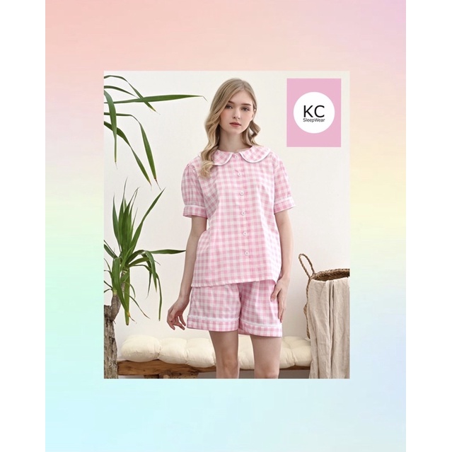 KC Ease Pinky Grid Piyama Wanita Lengan Pendek Celana Pendek