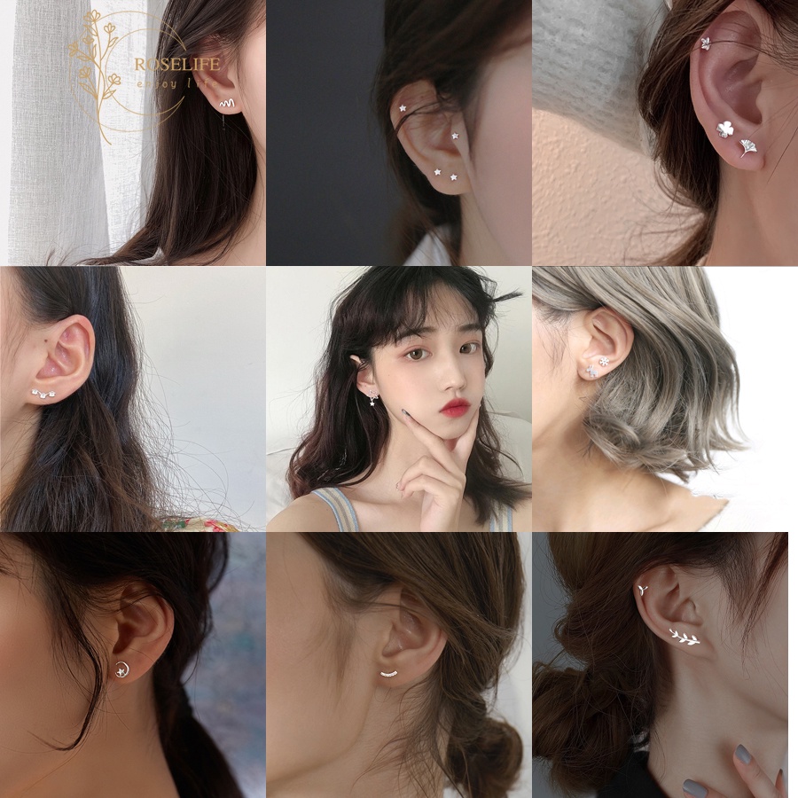 Roselife 1 Pasang Anting Tusuk Sterling Silver 925 Model Hati / Bulan / Bintang / Smiley Gaya Korea Untuk Wanita