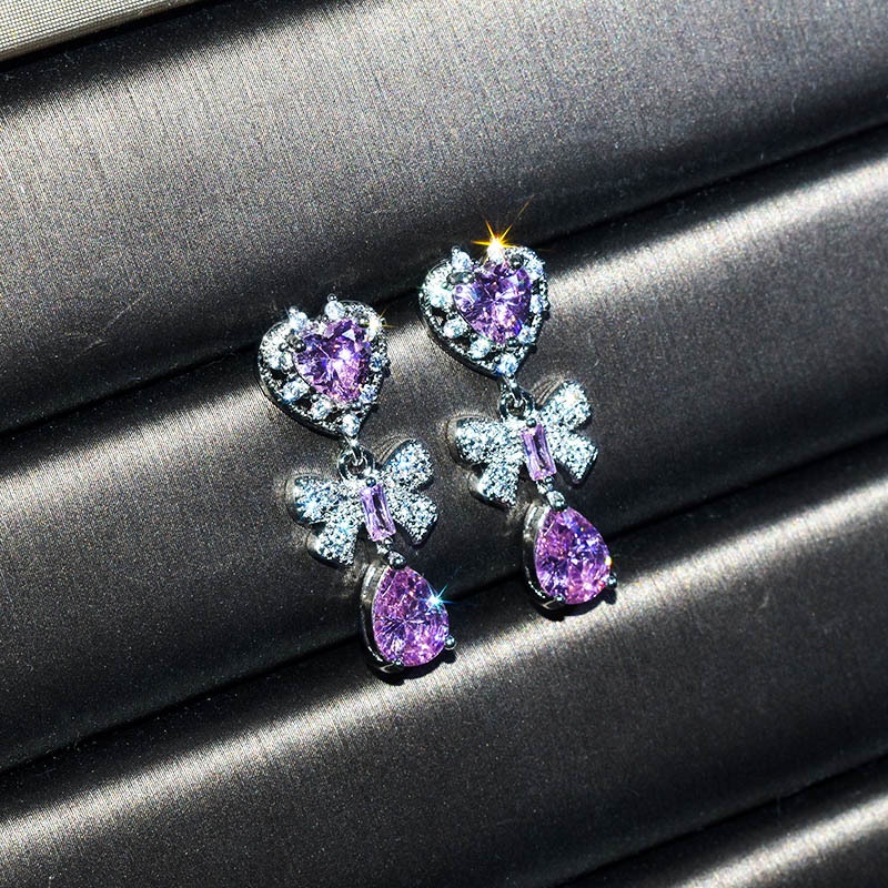 Fashion Inlaid Pink Crystal Vintage Bow Ear Stud Earring