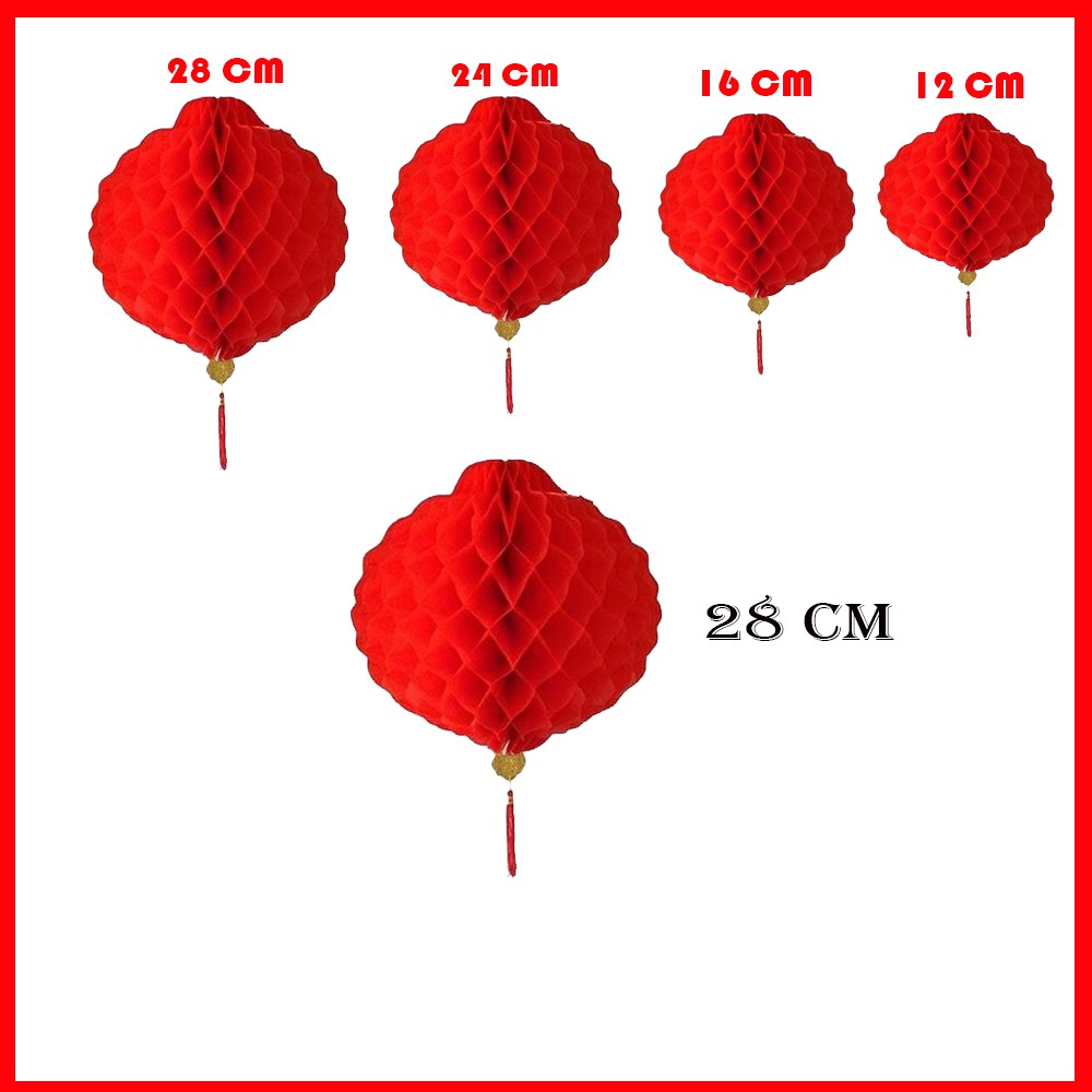 SEPASANG 2PC Lampion Plastik BULAT HONEYCOMB Merah Dekorasi Imlek 12 / 16 / 24 / 28 cm LANTERN MERAH