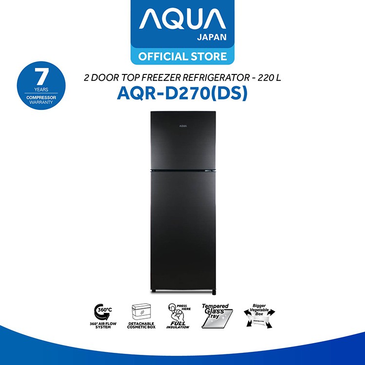 AQUA Elektronik AQR-D270(DS) 2 Doors Refrigerator, Dark Silver, LED Lamp, Cosmetic Box, 220Ltr
