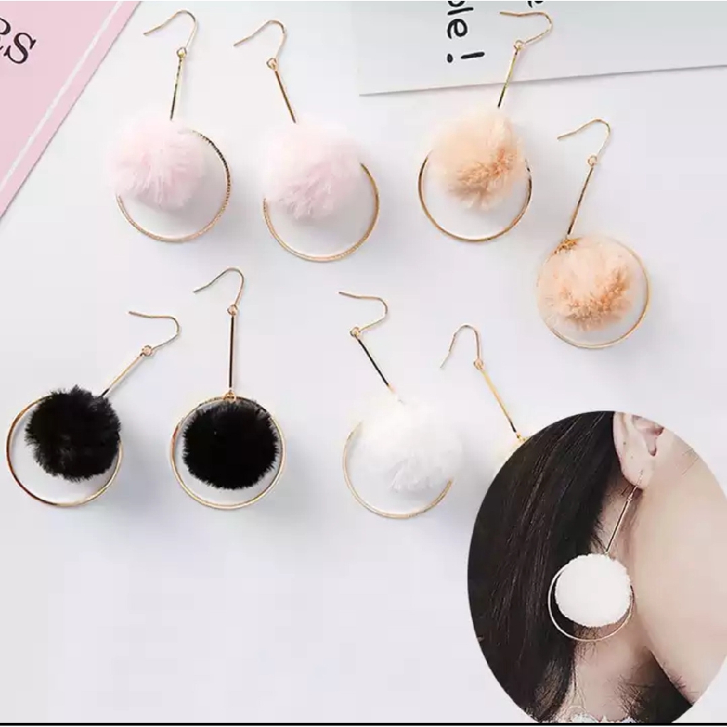 Anting pompom Anting korea anting wanita anting hijab anting panjang bulu rabbit ring 469