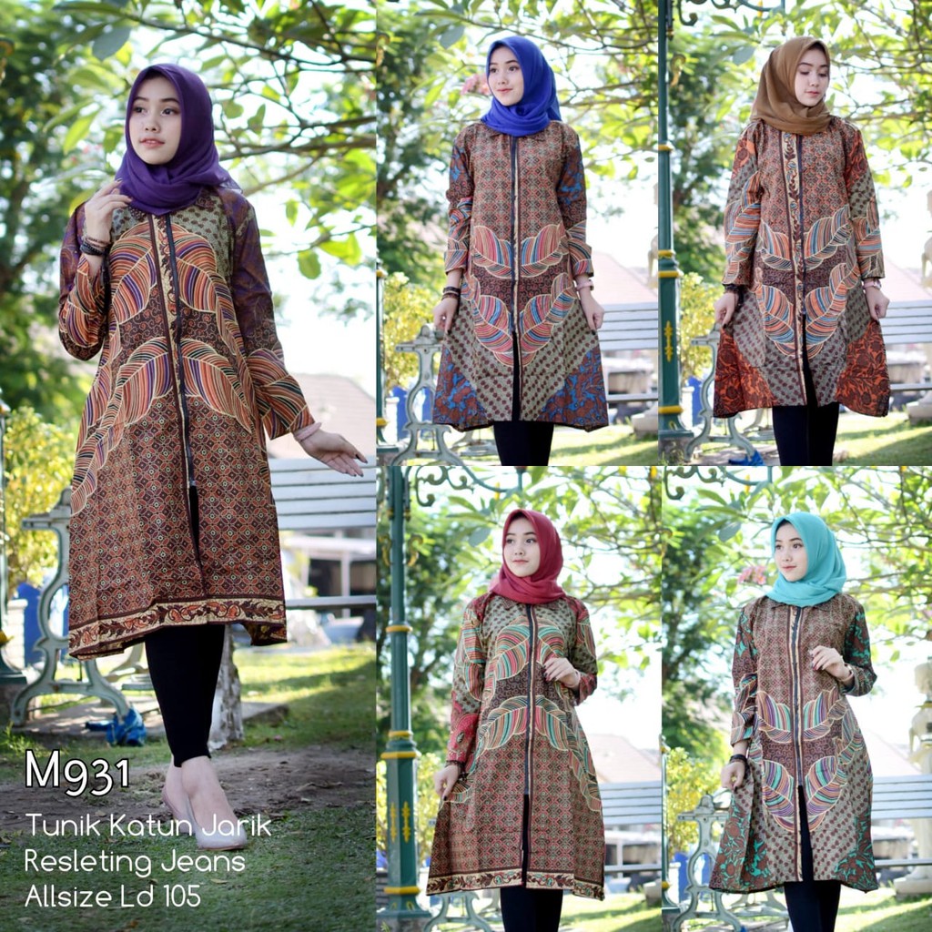 BAJU BATIK WANITA MODEL TUNIK RESLETING JEANS TERBARU M931