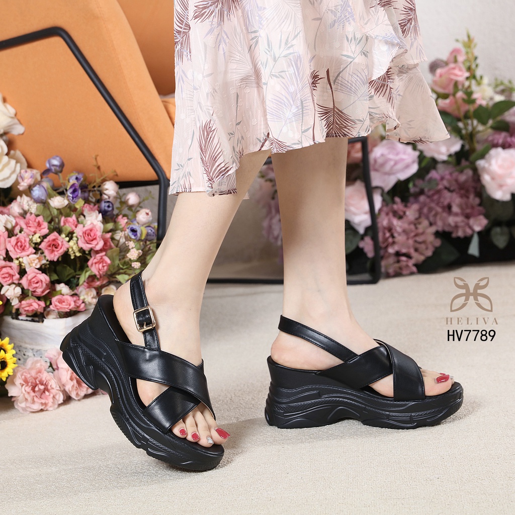 HELIVA KELLY Sepatu Wedges Sol 8cm Tinggi Sling Back Cross Straps Bahan Kulit HV7789 Original Brand