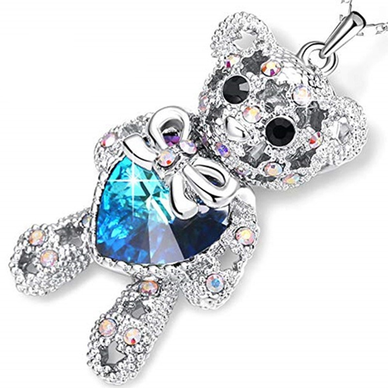 Kalung Rantai Silver 925 Wanita Liontin Beruang Hias Kristal Berlian Klasik Kreatif