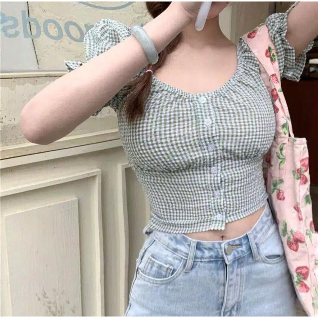 Toply shop Korean Puff Sleeve Square Blouse Atasan Wanita Lengan Pendek