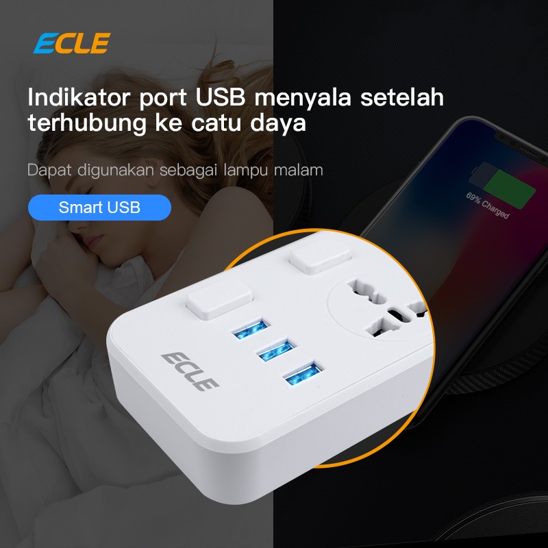 ECLE Stop Kontak Listrik Fast Charging - Power Strip Colokan Listrik Universal 110V - 250V dengan 3 USB Port 5V, 1A + Switch button dan Indikator LED - Panjang Kabel 2 Meter