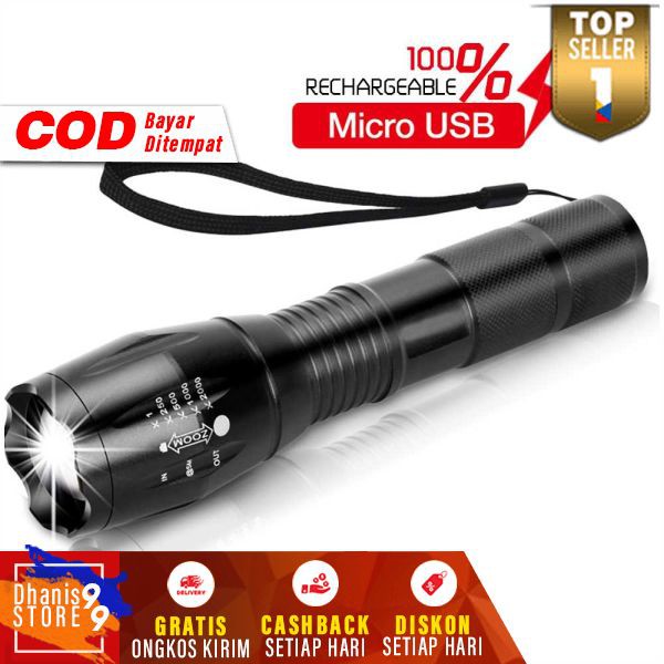 Senter LED USB 10000 Lumens Flashlight Cahaya Terang Murah Flash Light Perlengkapan Outdoor