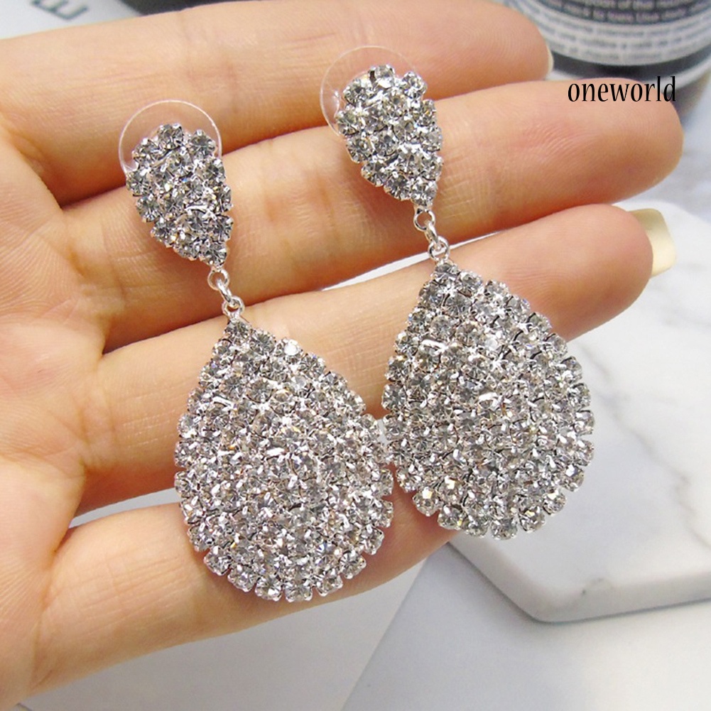 OW@ Women Fashion Rhinestone Waterdrop Dangle Stud Earrings Wedding Party Jewelry