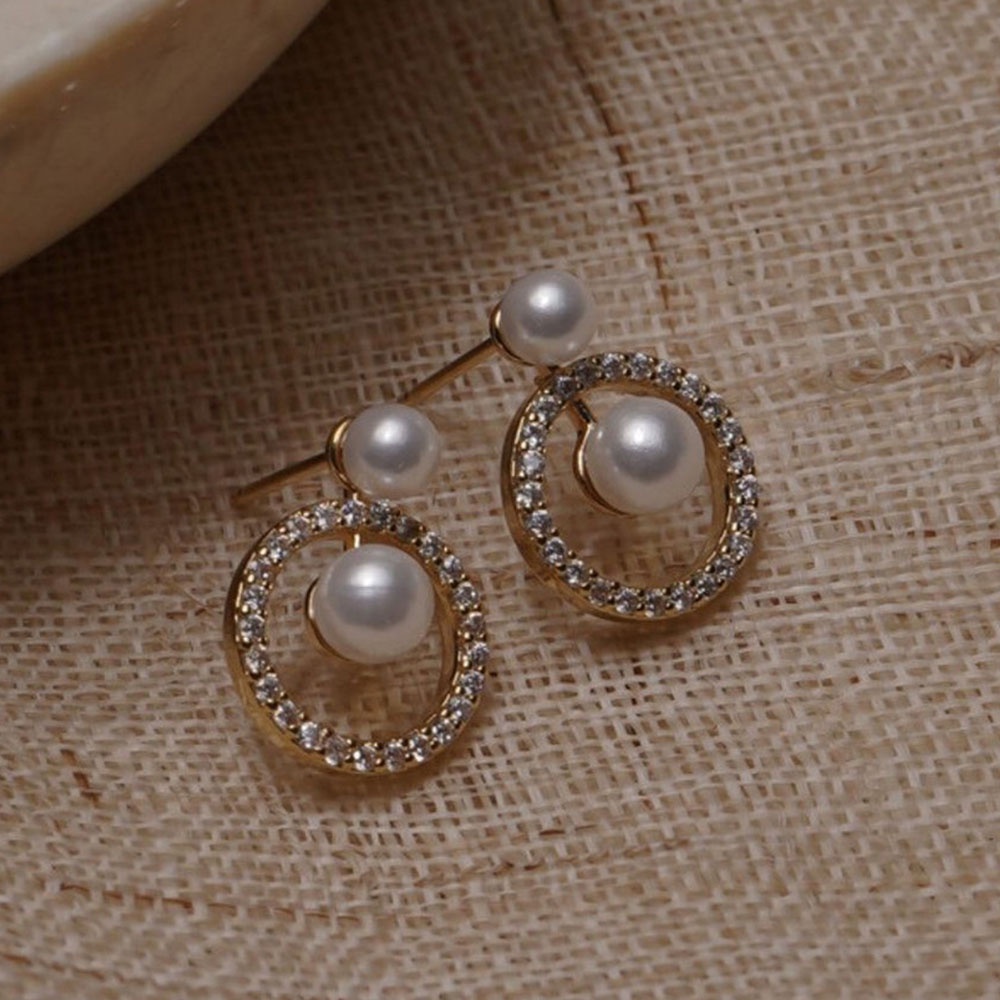 1 Pasang Korea Gaya Baru Ringan Mewah Bulat Geometris Zirkon Pearl Stud Earrings untuk Wanita