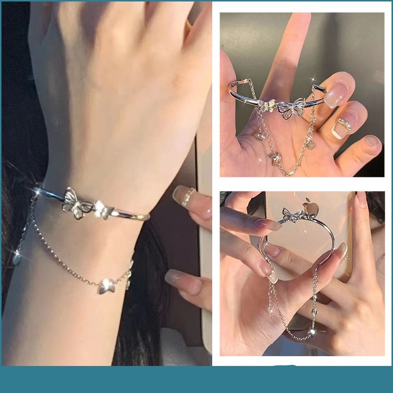 Gelang Rantai Adjustable Desain Kupu-Kupu Bulan Accent Aksen Berlian Imitasi Gaya Korea Untuk Wanita