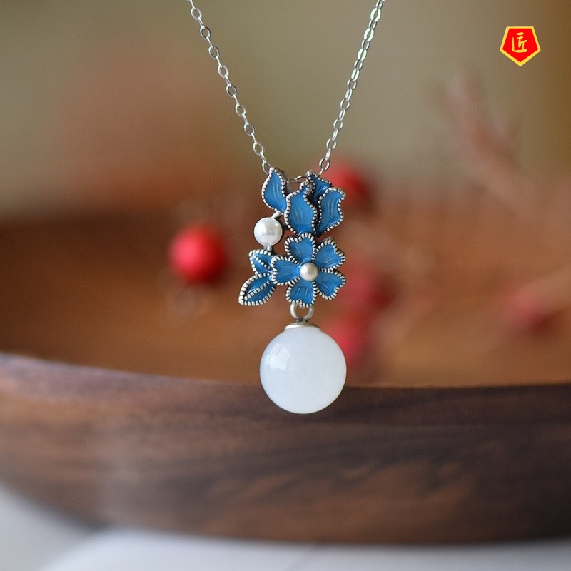 [Ready Stock]Vintage Natural Hetian Jade Earrings Flower Necklace Set