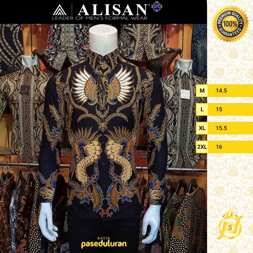 Kemeja Alisan Batik SlimFit Premium Katun  Motif Seno Ukiran Sayap Warna Hitam Emas