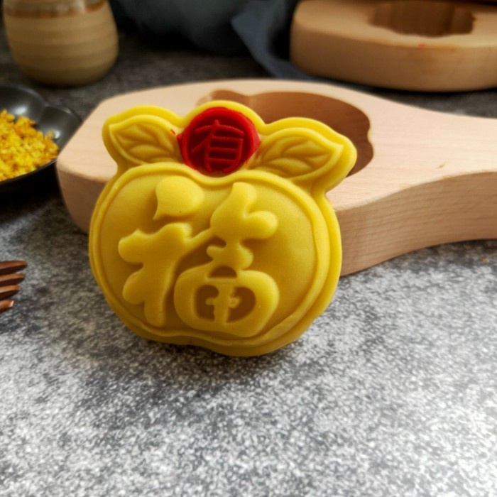 Cetakan mooncake kayu 1 lubang motif fu jeruk