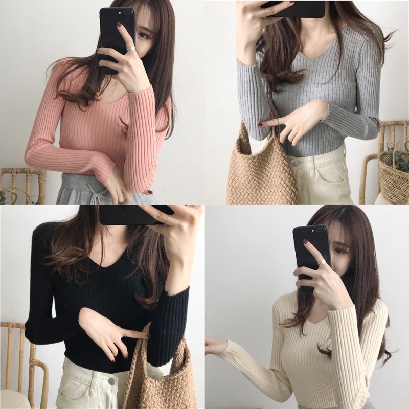 Atasan rajut vneck import A361 inner Knit Lengan Panjang Fashion Wanita
