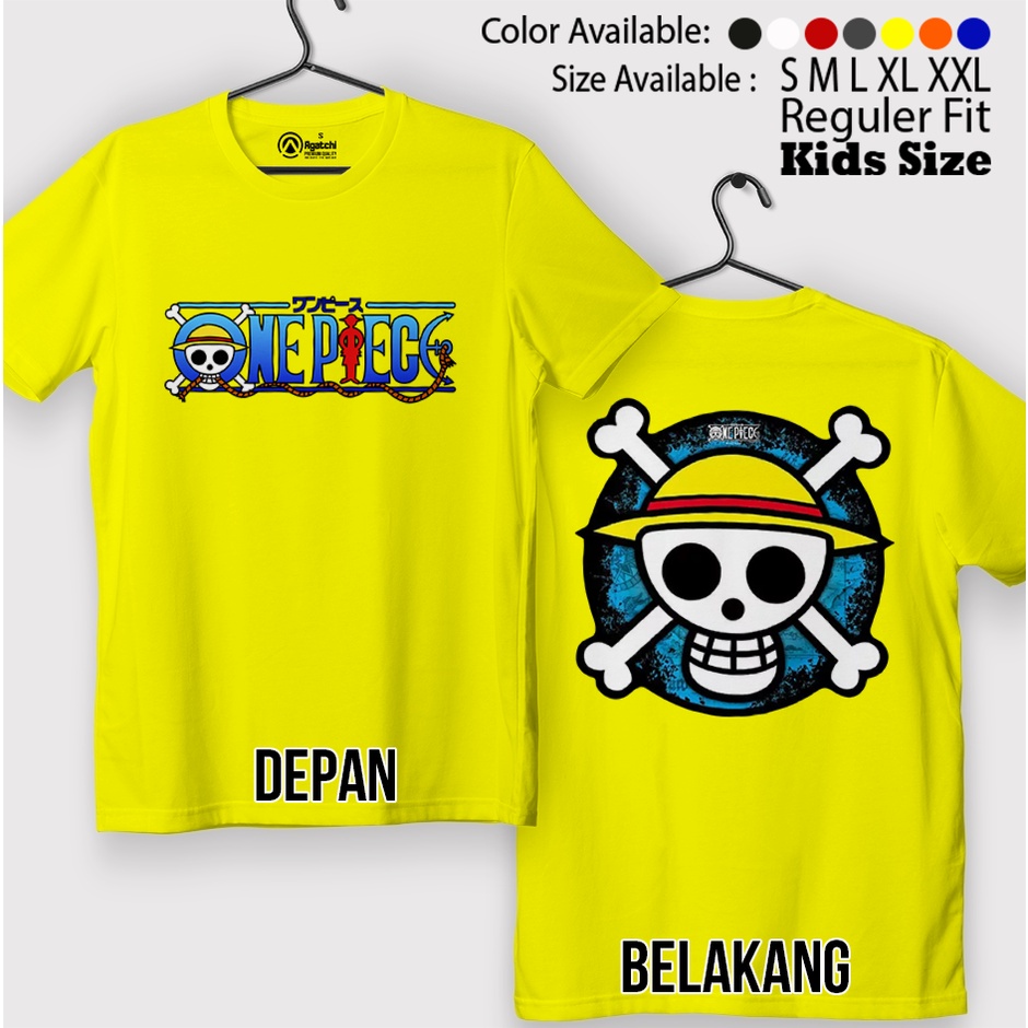 Kaos Atasan Anak Laki Laki / Baju Anak / Kids T shirt Anime One Piece Logo Tengkorak Bajak Laut Sablon Depan Belakang